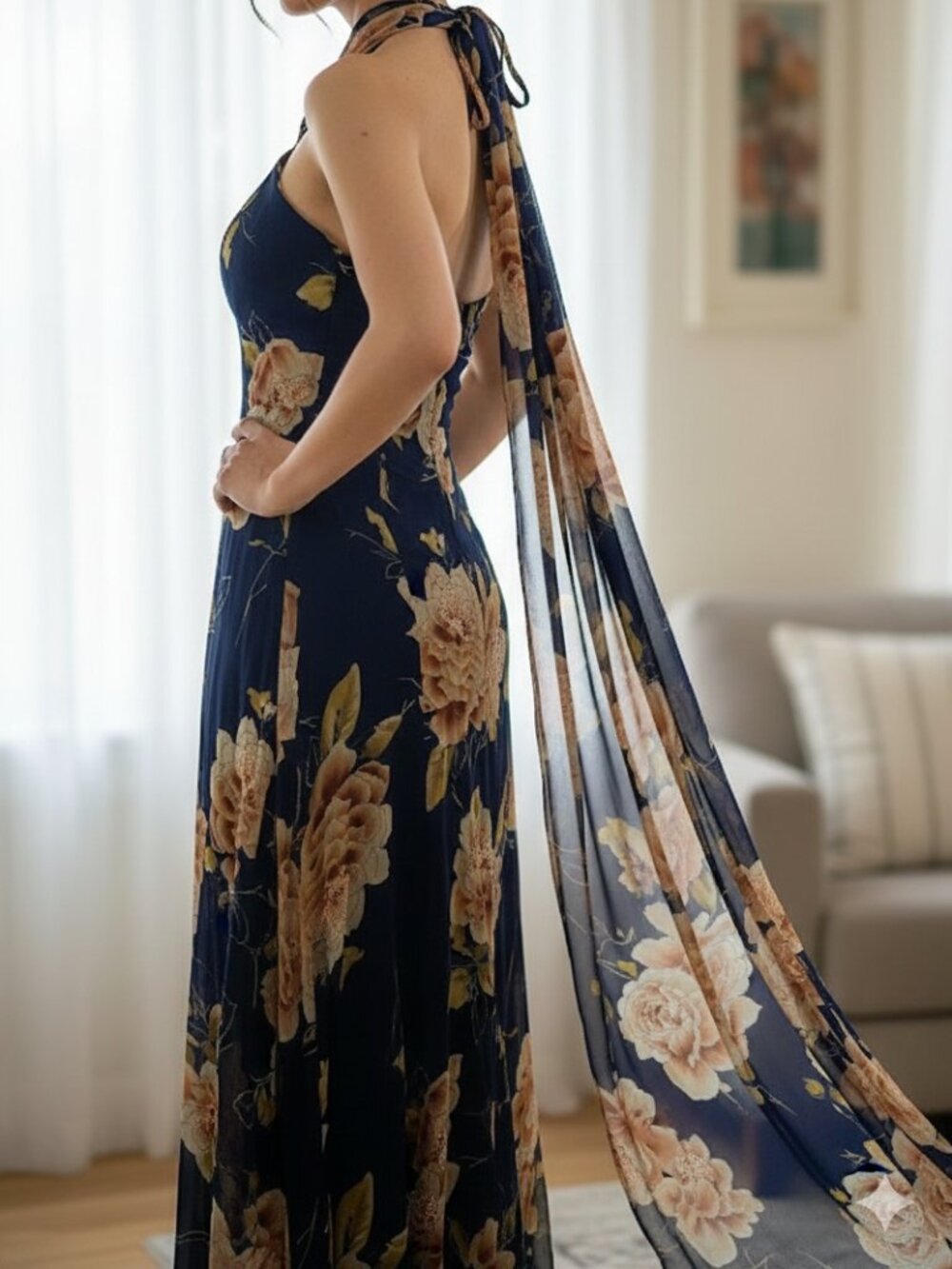 100% Silk Navy Floral Fitted Maxi Dress Draped Twist Tube Ruched Event/Wedding 8